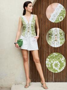 Chiquease 女士 V 领无袖贴花饰边衬衫 - 綠色 - 查看 1