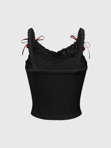 ROMWE Kawaii Bộ đồ hai mảnh phối ren họa tiết anh đào và chữ cái dành cho nữ, trang phục mặc hàng ngày - màu đen - Xem 4