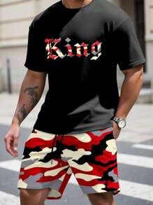 Manfinity Homme 2pcs Men's Camo Letter Print T-Shirt And Drawstring Waist Shorts Set - Red - View 1