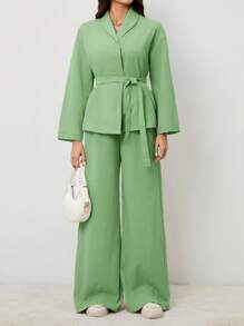 SHEIN Tall Elegant & Casual Vacation/Commute Women Collar Tie Waist Loose Shacket With High Waist Soft Pants, Suitable For Autumn & Summer - Green - View 3