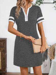 SHEIN LUNE Summer Short Casual Color Block Short Sleeve Dress