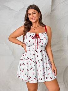Swim Mod Plus Size Women Cherry Print Front Tie Tankini Top With Bottom For Summer Beach Vacation - Multicolor - View 5