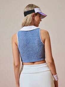 Gameset SHEIN Sport 女式撞色 POLO 领短款网球和高尔夫运动 POLO 衫，春夏 - 藍色 - 查看 2