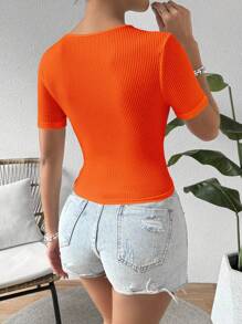 Breezaya Women's Solid Color Button Half-Placket Short Sleeve Casual T-Shirt - Orange - View 2