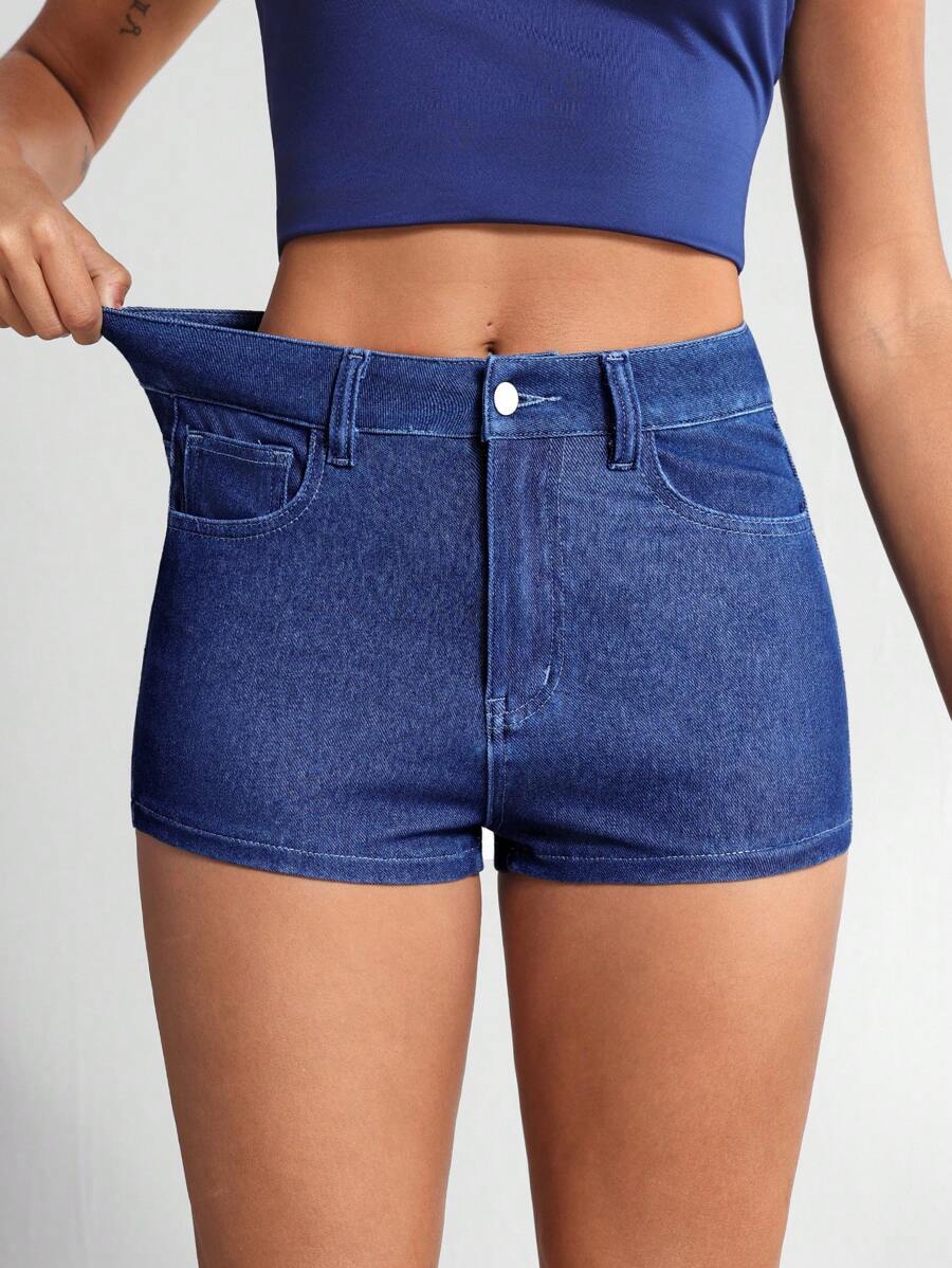 SHEIN Essnce 女式夏季休闲做旧腰口袋紧身弹力牛仔短裤 - 藍色 - 查看 1