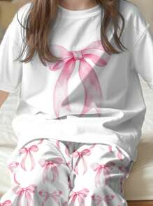 SHEIN 2pcs/Set Tween Girls Bow Print Loungewear Set, With Round Neck Short Sleeve Top And Relaxed Fit Pants - Multicolor - View 3