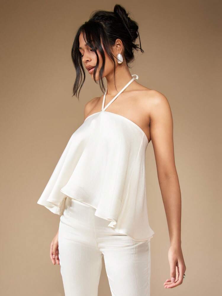 MISSGUIDED Elegant Halter Neckline A-Line Wedding Resort Flowy Occasion Bridesmaid Reception Bridal Draped Evening Gathering Garment