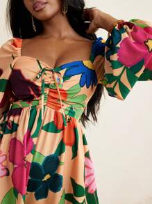 BELANGE HANDMADE Floral Print Flared Long Sleeves Bow Backless Women Jumpsuit Vacation Holiday Beach