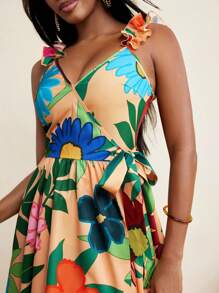BELANGE HANDMADE Floral Print Ruffled Strap Wrap Mini Dress Women's Beachwear Outfits