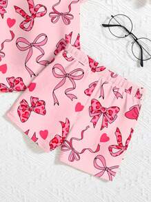 SHEIN 女婴蝴蝶结装饰休闲修身圆领舒适短袖上衣和短裤睡衣，舒适贴身