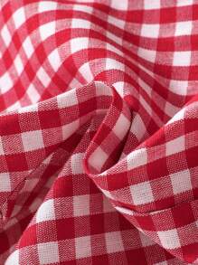 SHEIN Conjunto de 2 piezas para verano: Camiseta de punto de manga corta con cuello redondo y estampado de cerezas + pantalones cortos rojos a cuadros holgados para niñas