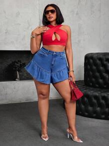 SHEIN SXY Quần short denim gợi cảm thời trang cá nhân hóa viền nhún bèo cỡ lớn cho nữ, quần short denim đi nghỉ lễ hội mùa hè - Màu xanh lam - Xem 6