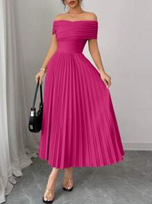 Elenzga 女士露肩褶腰连衣裙 - 玫紅色 - 查看 3