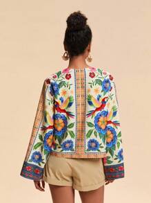 Travachic Blusa corta suelta de mujer con mangas 3/4, estampado tejido y nudo delantero
