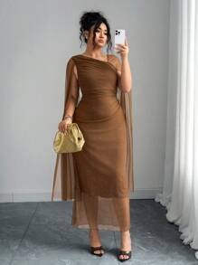 Elenzga 大码女式纯色不对称领褶裥斗篷连衣裙 - 棕色 - 查看 1