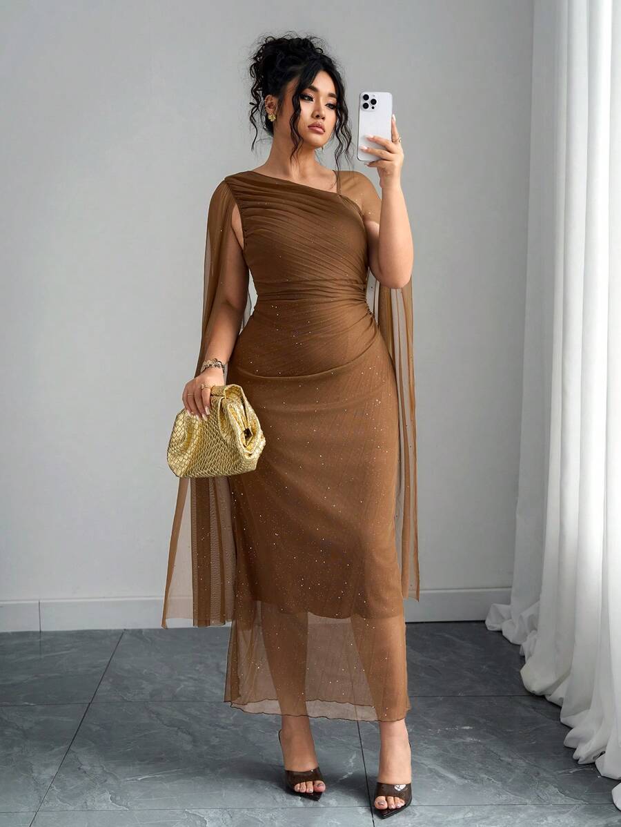 Elenzga 大码女式纯色不对称领褶裥斗篷连衣裙 - 棕色 - 查看 1