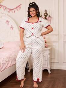SweetSlumber Conjunto de pijama de talla grande con diseño de corazón dulce, ribete de volantes y color contrastante
