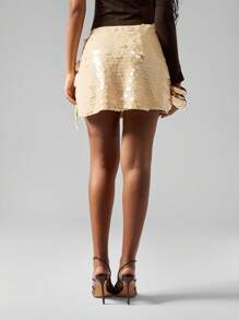 MISSGUIDED Wrap Style Mini Skirt With Sequin Embellishment Side Bow Detail Party Club Festive Holiday Evening Occasion Wear Short Side Tie Detailed Wrap - Apricot - View 2