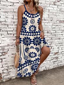 Breezaya 大码休闲度假植物印花无袖长裙女装 - 彩色 - 查看 6