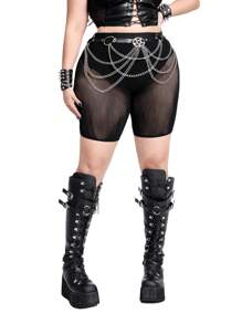 Whyspr 女式加大码纯色高腰网眼拼接性感短裤 - 黑色 - 查看 2