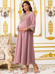 SHEIN Elegant Lace Decorated Long Maternity Dress,Maternity Clothes - Pink - View 1