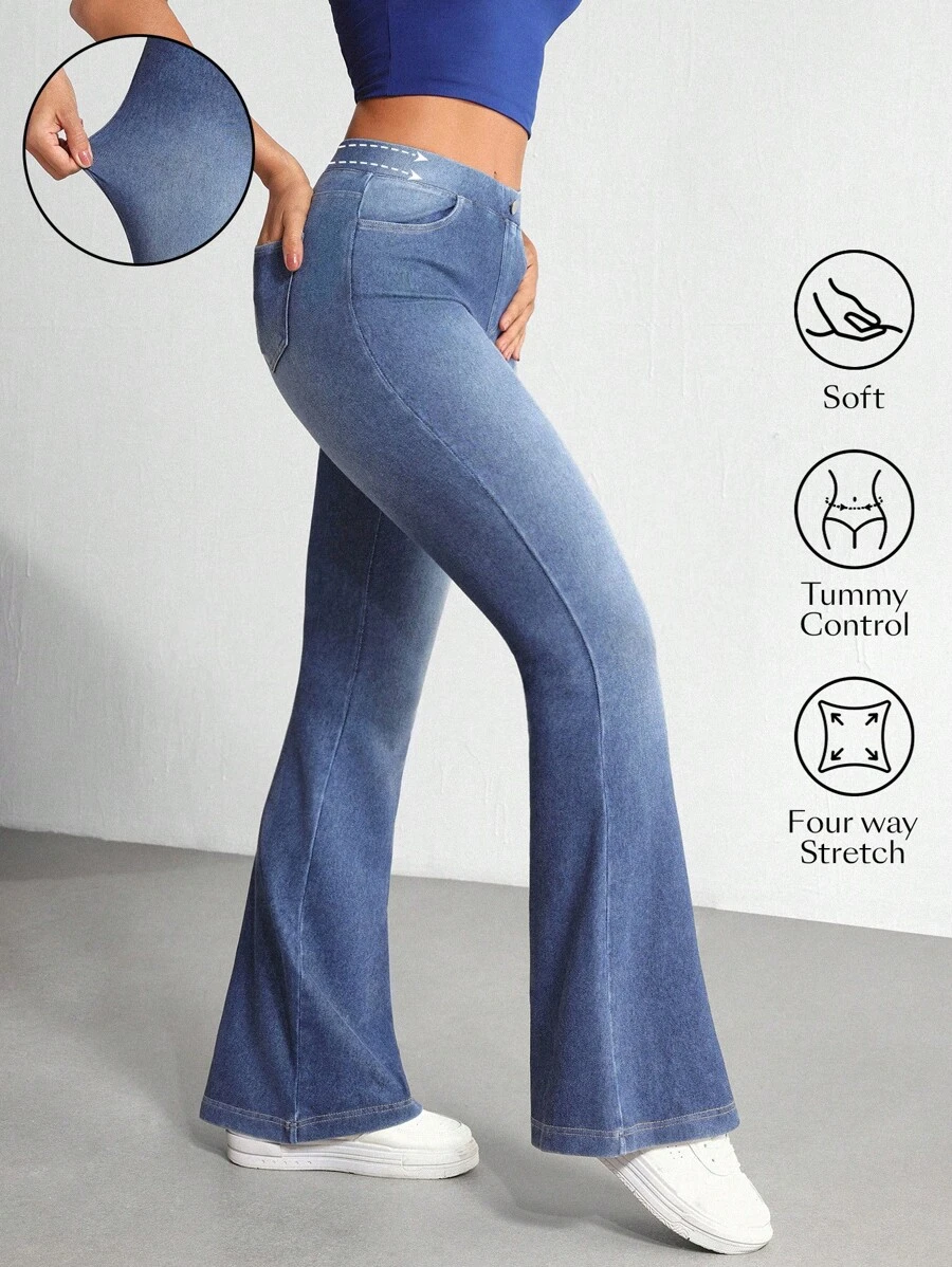 SHEIN Tall 女式松紧腰口袋喇叭裤休闲百搭牛仔裤 - 藍色 - 查看 1