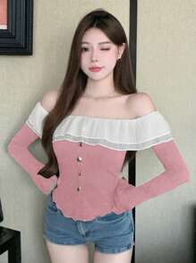 DAZY Party Valentine's Day Lace Trim Shoulder Exposed Contrast Color Ruffle Hem Long Sleeve T-Shirt For Women,Off Shoulder Top,Fall Women Clothes - Pink - View 5