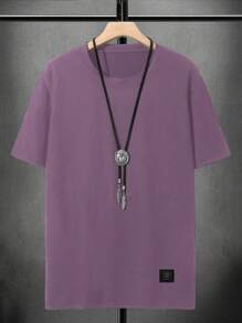 Manfinity Homme Men's Summer Casual Solid Color Drop Shoulder Short Sleeve T-Shirt - Purple - View 2