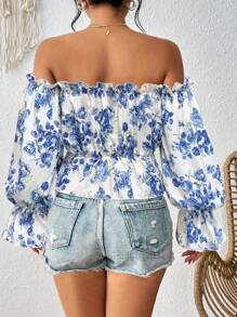 Breezaya Casual-Young Pastorale Off The Shoulder Random Print Shirt - Blue - View 2