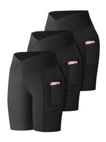 Calvaya 3 件套加大码女式美式 V 腰口袋实用瑜伽短裤，高腰蜜桃臀修身弹力紧身运动跑步短裤，适合夏季 - 黑色 - 查看 1