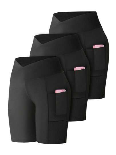 Calvaya 3-delat set plusstorlek dam amerikansk stil V-midja fickor utility yogashorts, hög midja persika höft slim fit elastiska tajta träningslöparshorts för sommaren