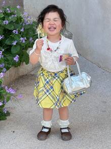 DAZY Baby Girl Round Neck Casual Bow Decor Loose Short Sleeve Top, Back Top School - White - View 3