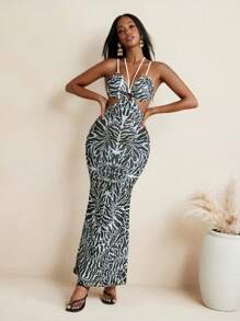 JIAN LASALA Schwarz bedrucktes Kleid mit Spaghettiträgern, figurbetonter Passform, Schlangenschnittausschnitten und Ringen, Partykleid, Sommerkleid, langes Kleid, Bandage-Kleid, Hawaii-Outfit, Ankara-Kleid, Resortwear, fließendes Kleid, vintage Abendkleid