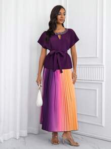 SHEIN Clasi Conjunto de 2 piezas de blusa y falda para mujer con cintura anudada, plisada y degradada con detalles de pedrería - Morado - Ver 6