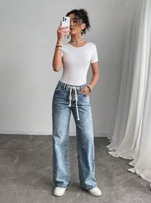 Breezaya 女式系腰带口袋直筒宽松水洗牛仔裤 - 淺色水洗藍 - 查看 5