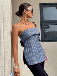 SHEIN Essnce Damer sommar Casual Randig sido slits Tube Top - Blå - Visa 5