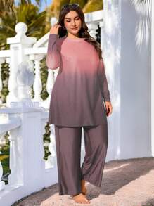 Swim Mulvari Set de maillot de bain pour femme grande taille 2 pièces, style Moyen-oriental avec imprimé dégradé, manches longues, col rond, ample et ample. Loisirs et vacances