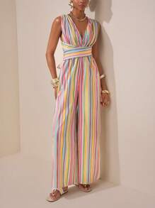 Zivah 2025 Bộ đồ liền thân sọc nữ phong cách Bohemian mùa hè mới, kỳ nghỉ bãi biển, ngày thường, cổ chữ V sâu, dây đeo chéo sau lưng, trang trí nơ, quần ống rộng siêu dài không lưng, màu sọc-Z - Nhiều màu - Xem 7