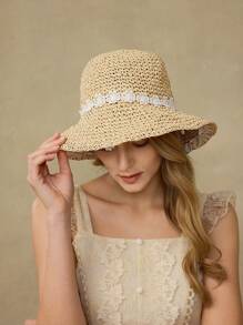 MOTF PREMIUM SUMMER RETRO LACE FLORAL STRAW SUN HAT - Beige - View 6