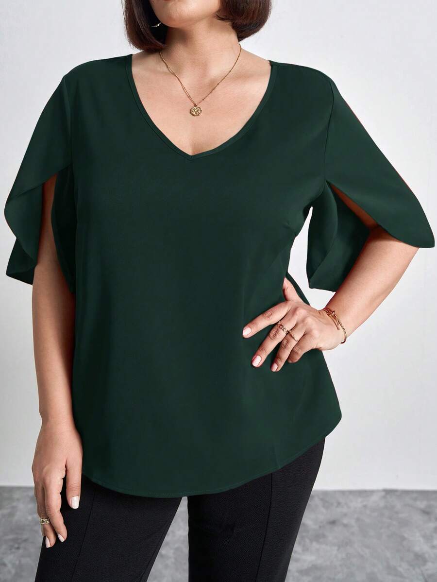 Chikora V-Neck Plus Size Open Slit Sleeve Solid Color Fall Women Shirt,Office Outfits For Women