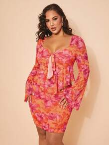 SHEIN BAE Plus Size Ladies Summer Orange Floral Trumpet Sleeve Top, Tight Floral Pink Orange Skirt, Mini Skirt, Mesh Top, Mesh Skirt Suitable For Daily Commuting, Summer Vacation - Orange - View 8