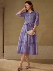 MOTF PREMIUM VESTIDO ENTALLADO CON ENCAJE DE CONTRASTE - Morado - Ver 3