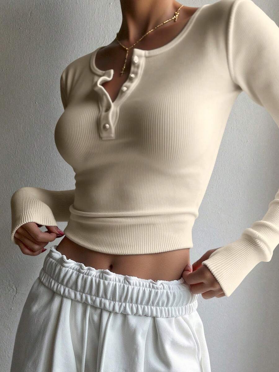 DAZY 女式修身圆领半开襟长袖上衣，特殊面料，秋季服装