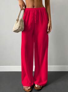 Cottnline Pantalones De Pierna Ancha Con Cintura Elástica Y Cordón De Color Sólido - Burdeos - Ver 4