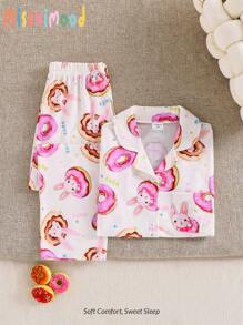 2pcs/Set Young Girl Summer Sweet Donuts & Rabbit Printed Short Sleeve Cardigan Loungewear Set - Pink - View 6