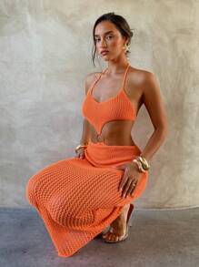 Aloruh Women's Fashionable Sexy Backless Halter Knitted Mini Dress - Burnt Orange - View 3