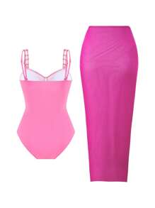 Swim Oasis Plus Size Women 2pcs Colorblock Minimalist Pink One-Piece Swimsuit With Mesh Maxi Skirt, Casual Summer Ibiza Outfit - Multicolor - View 2