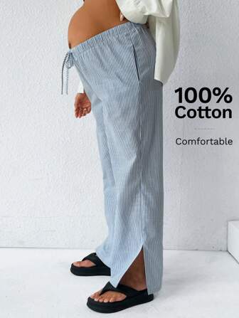 SHEIN Maternity Mid-Low-Waisted Striped Trousers Pants With Drawstrings At The Waist For Pregnant Women And Leg Slits, Suitable For Summer Leisure Or Vacation.