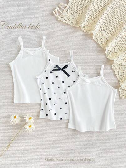 3 Pcs/Set Girls' White Solid Color And Black Bow Print Camisole Underwear Set Girl Tops For Kids Cute Girl Sets Young Girl Summer Outfits Girl Tank Top Sets