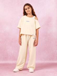 SUMWON Conjunto de chándal de pierna ancha Conjunto deportivo de dos piezas con diseño de hombro oblicuo Ropa de ocio Conjunto de moda de invierno Colección de primavera Traje de entrenamiento Ropa deportiva - Amarillo - Ver 2